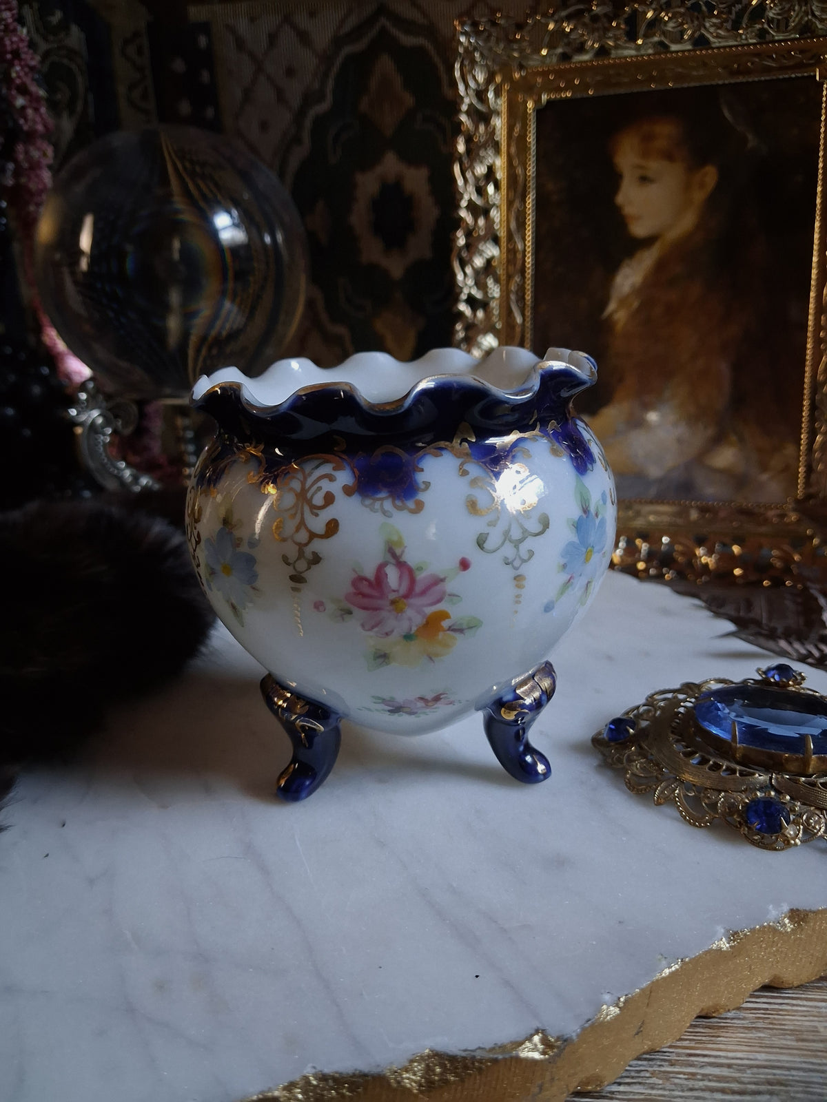 Antique Cobalt Floral Porcelain Cauldron / Footed Offering Vessel