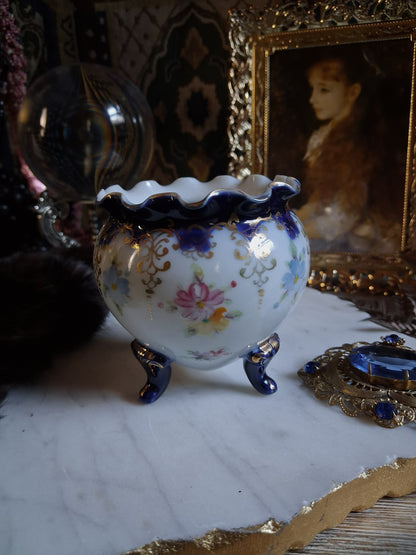 Antique Cobalt Floral Porcelain Cauldron / Footed Offering Vessel