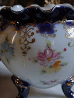 Antique Cobalt Floral Porcelain Cauldron / Footed Offering Vessel