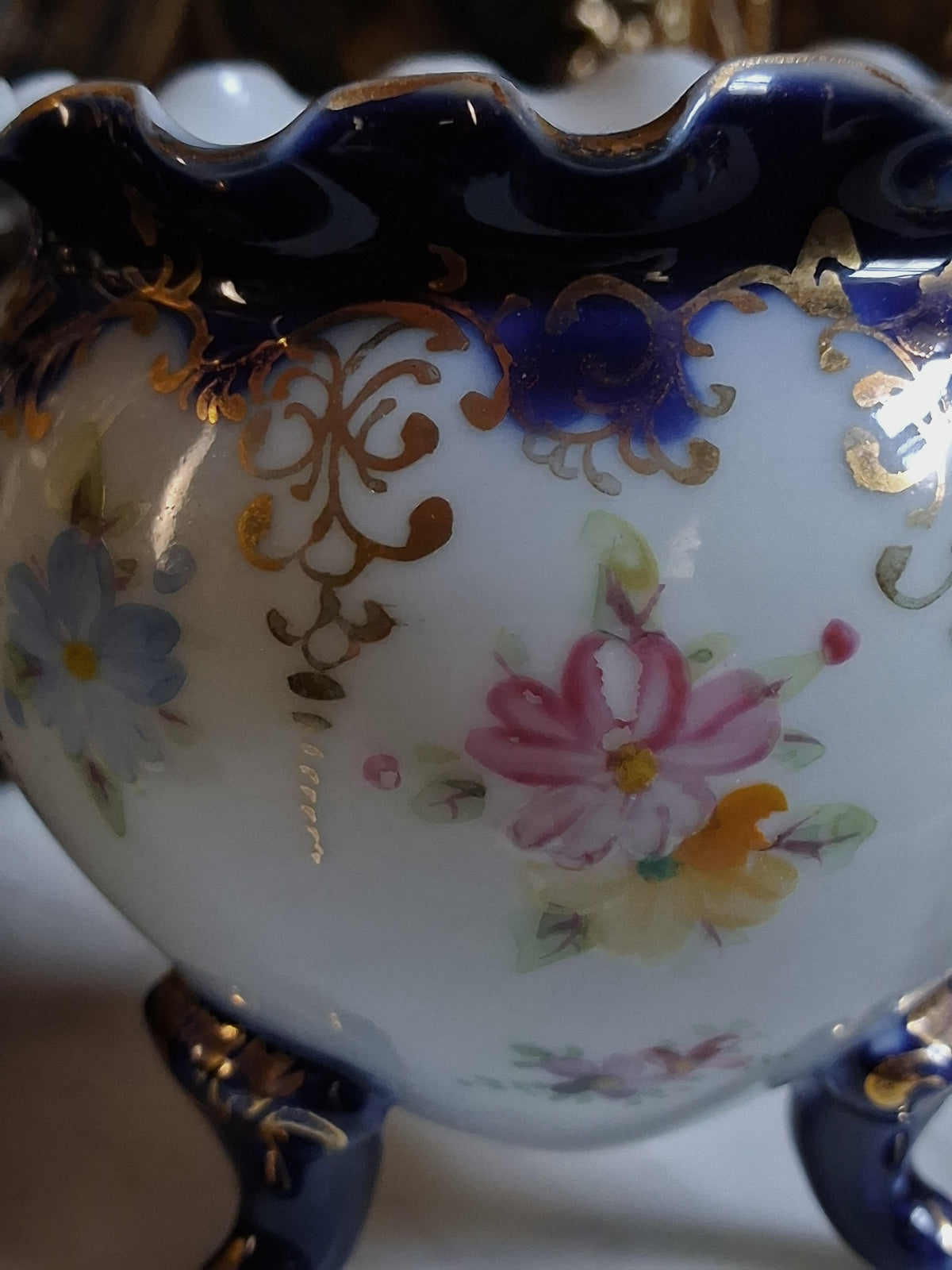 Antique Cobalt Floral Porcelain Cauldron / Footed Offering Vessel