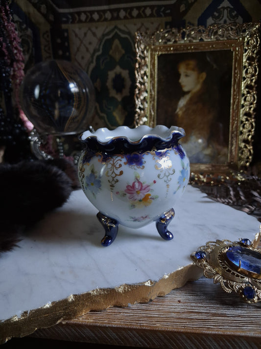 Antique Cobalt Floral Porcelain Cauldron / Footed Offering Vessel