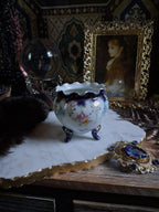 Antique Cobalt Floral Porcelain Cauldron / Footed Offering Vessel
