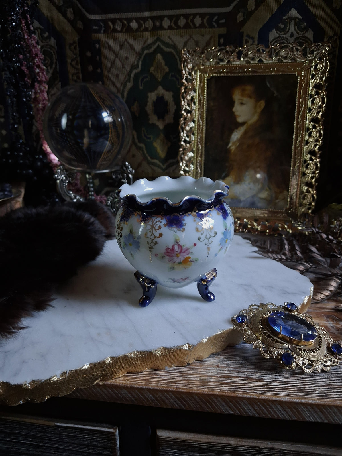 Antique Cobalt Floral Porcelain Cauldron / Footed Offering Vessel