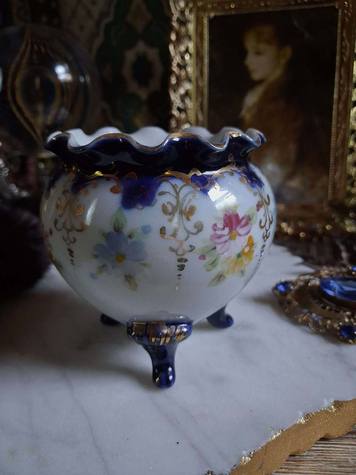 Antique Cobalt Floral Porcelain Cauldron / Footed Offering Vessel