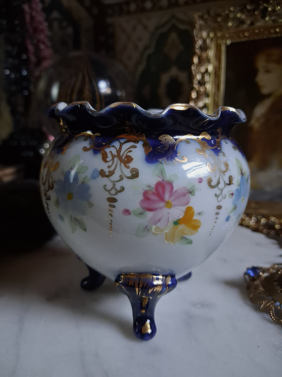 Antique Cobalt Floral Porcelain Cauldron / Footed Offering Vessel