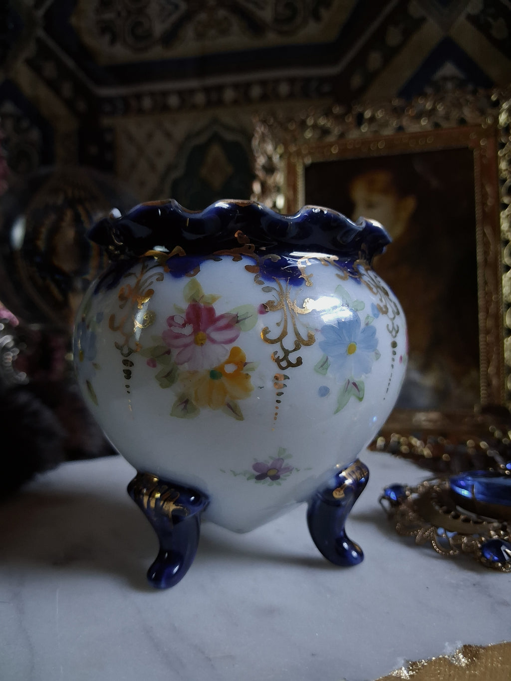 Antique Cobalt Floral Porcelain Cauldron / Footed Offering Vessel