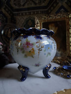 Antique Cobalt Floral Porcelain Cauldron / Footed Offering Vessel