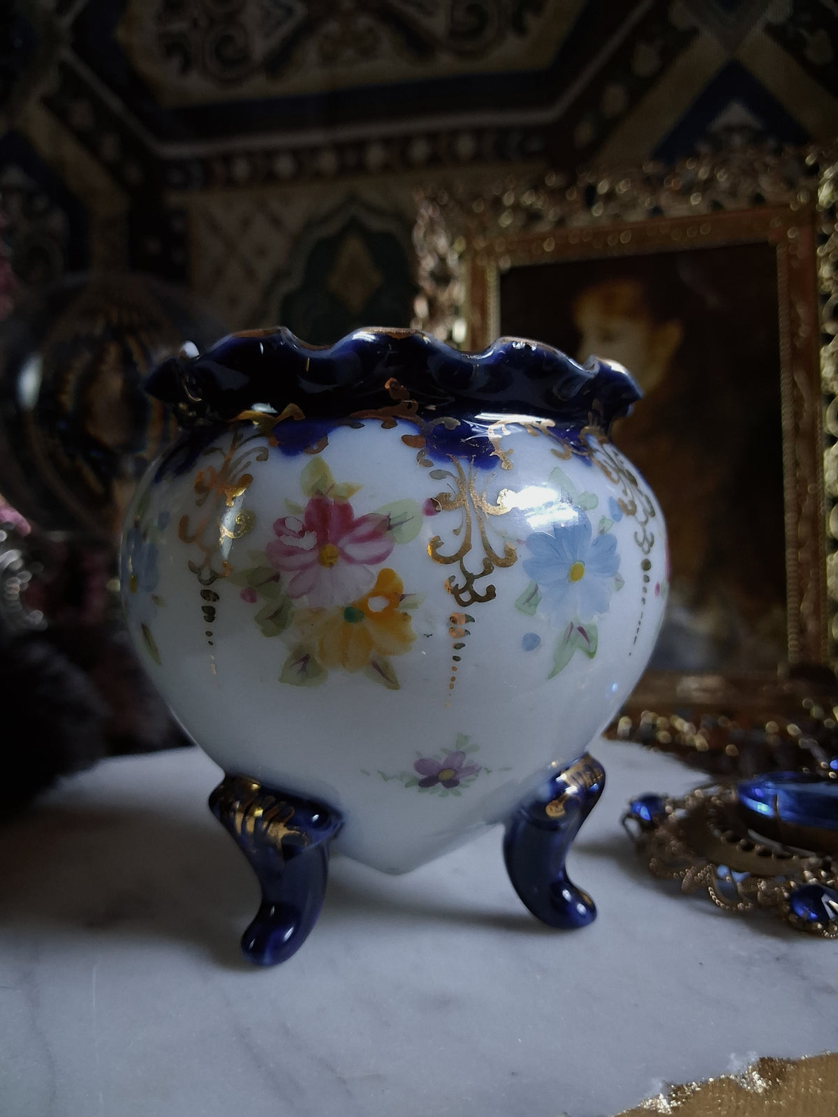Antique Cobalt Floral Porcelain Cauldron / Footed Offering Vessel
