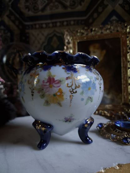 Antique Cobalt Floral Porcelain Cauldron / Footed Offering Vessel