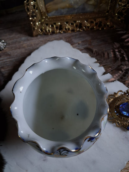 Antique Cobalt Floral Porcelain Cauldron / Footed Offering Vessel