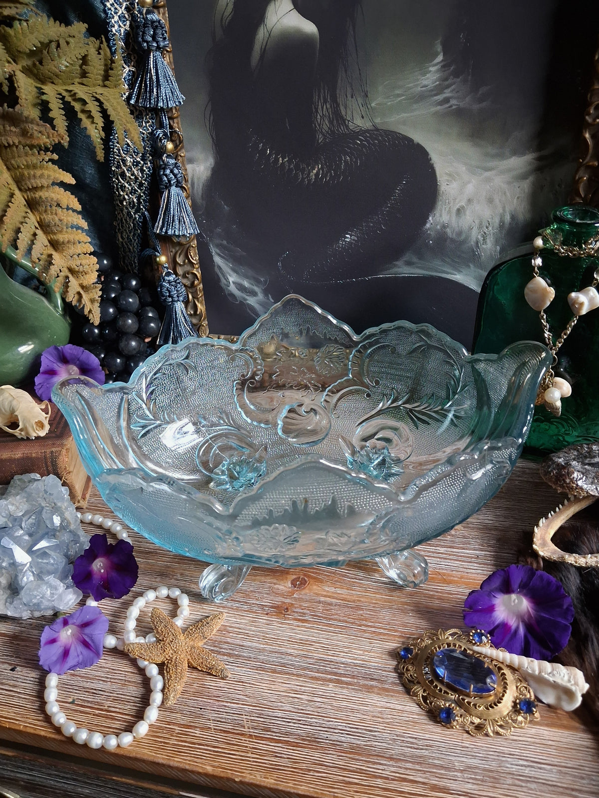 Vintage Art Nouveau Blue Glass Footed Boat Vase