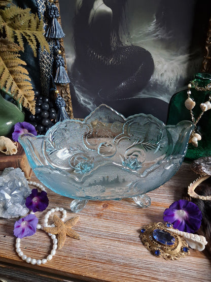 Vintage Art Nouveau Blue Glass Footed Boat Vase