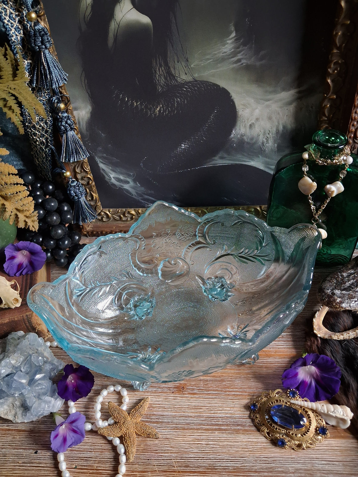 Vintage Art Nouveau Blue Glass Footed Boat Vase