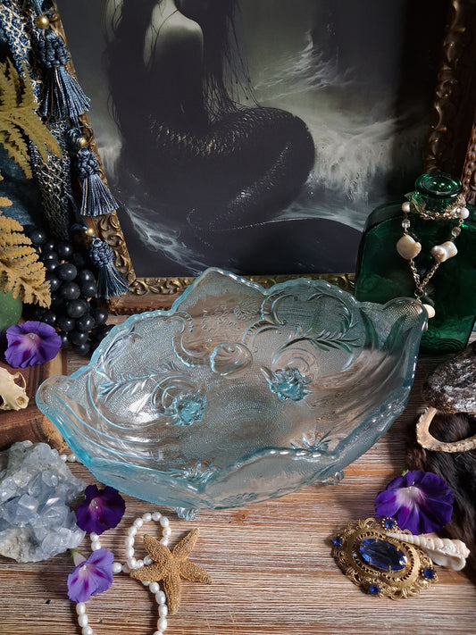Vintage Art Nouveau Blue Glass Footed Boat Vase