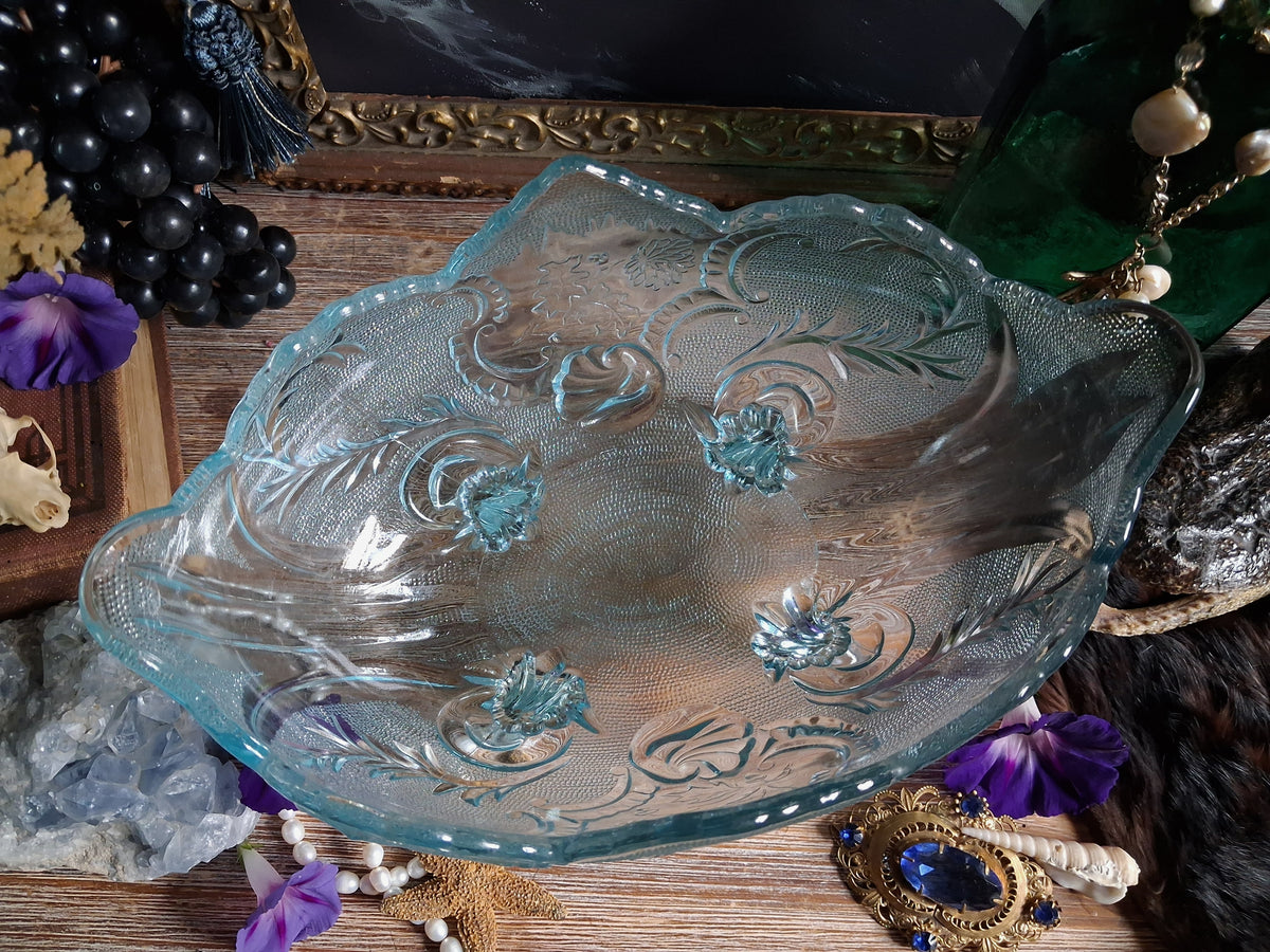 Vintage Art Nouveau Blue Glass Footed Boat Vase