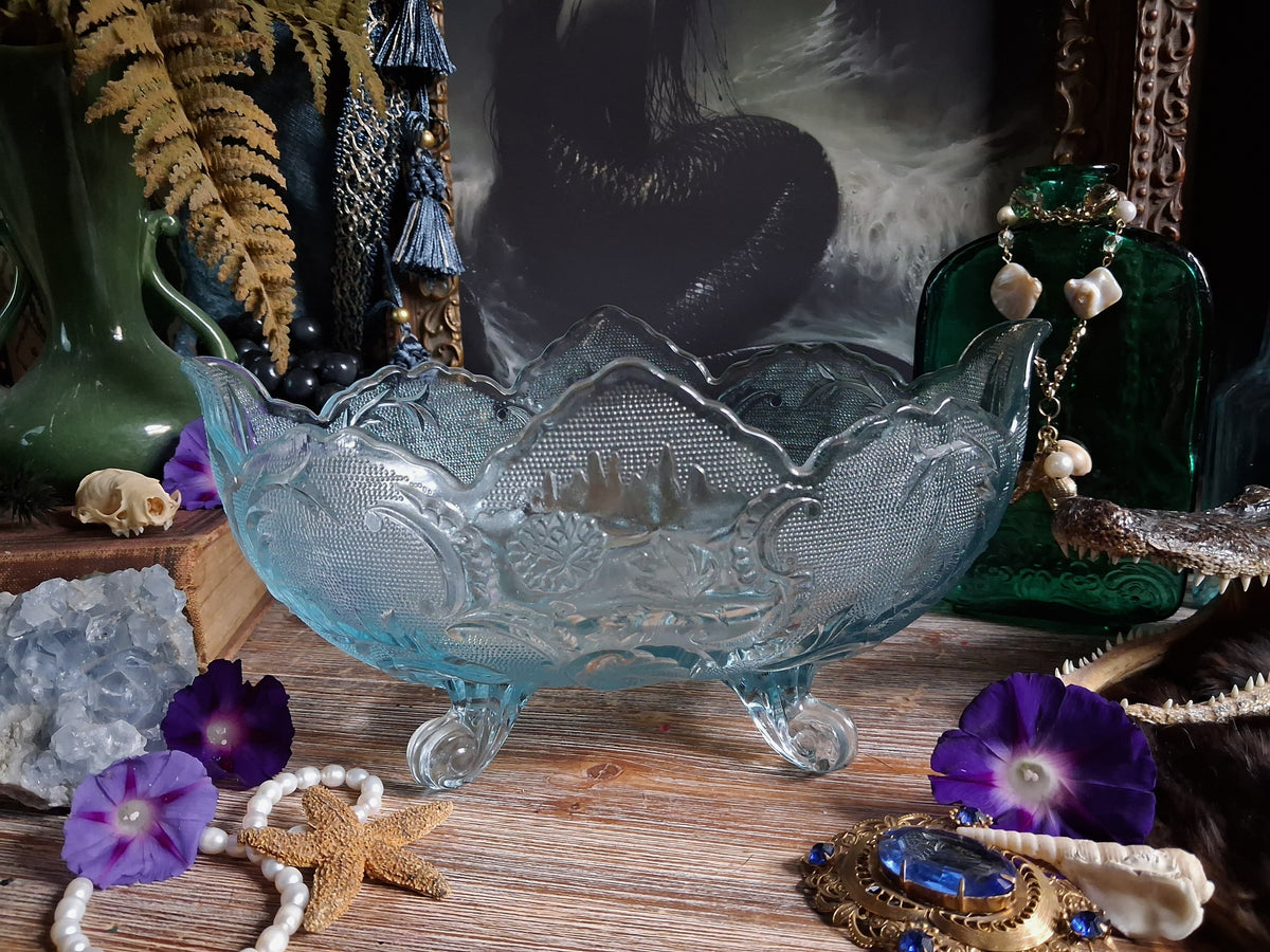 Vintage Art Nouveau Blue Glass Footed Boat Vase
