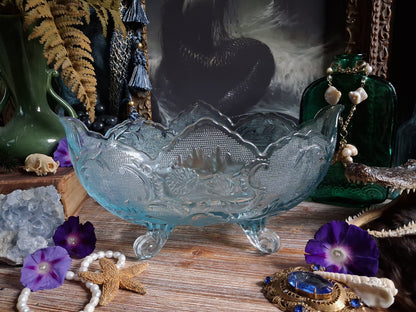 Vintage Art Nouveau Blue Glass Footed Boat Vase