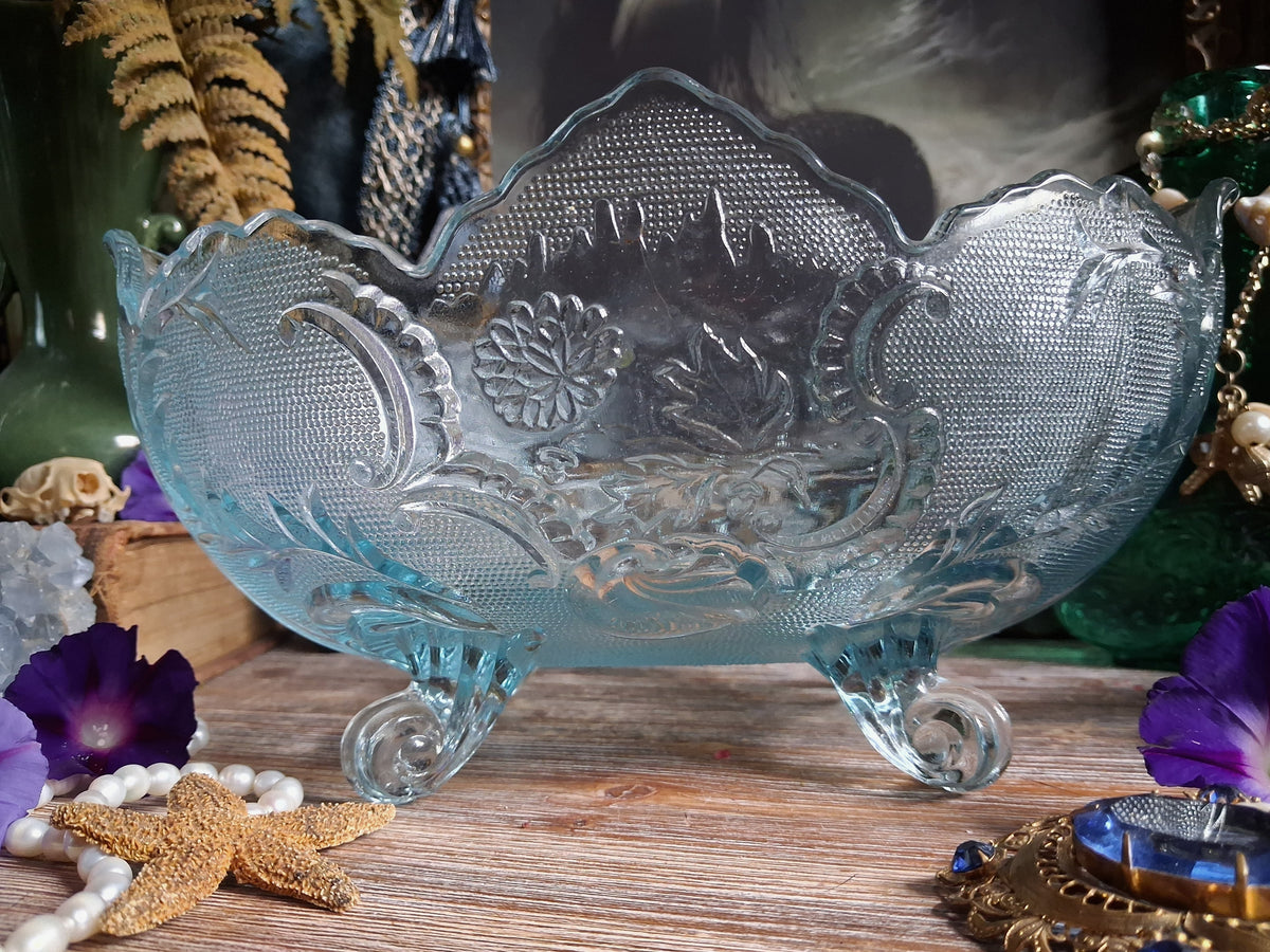 Vintage Art Nouveau Blue Glass Footed Boat Vase