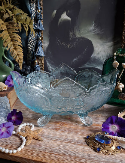 Vintage Art Nouveau Blue Glass Footed Boat Vase