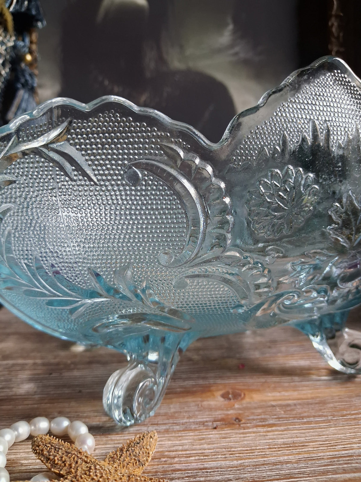 Vintage Art Nouveau Blue Glass Footed Boat Vase