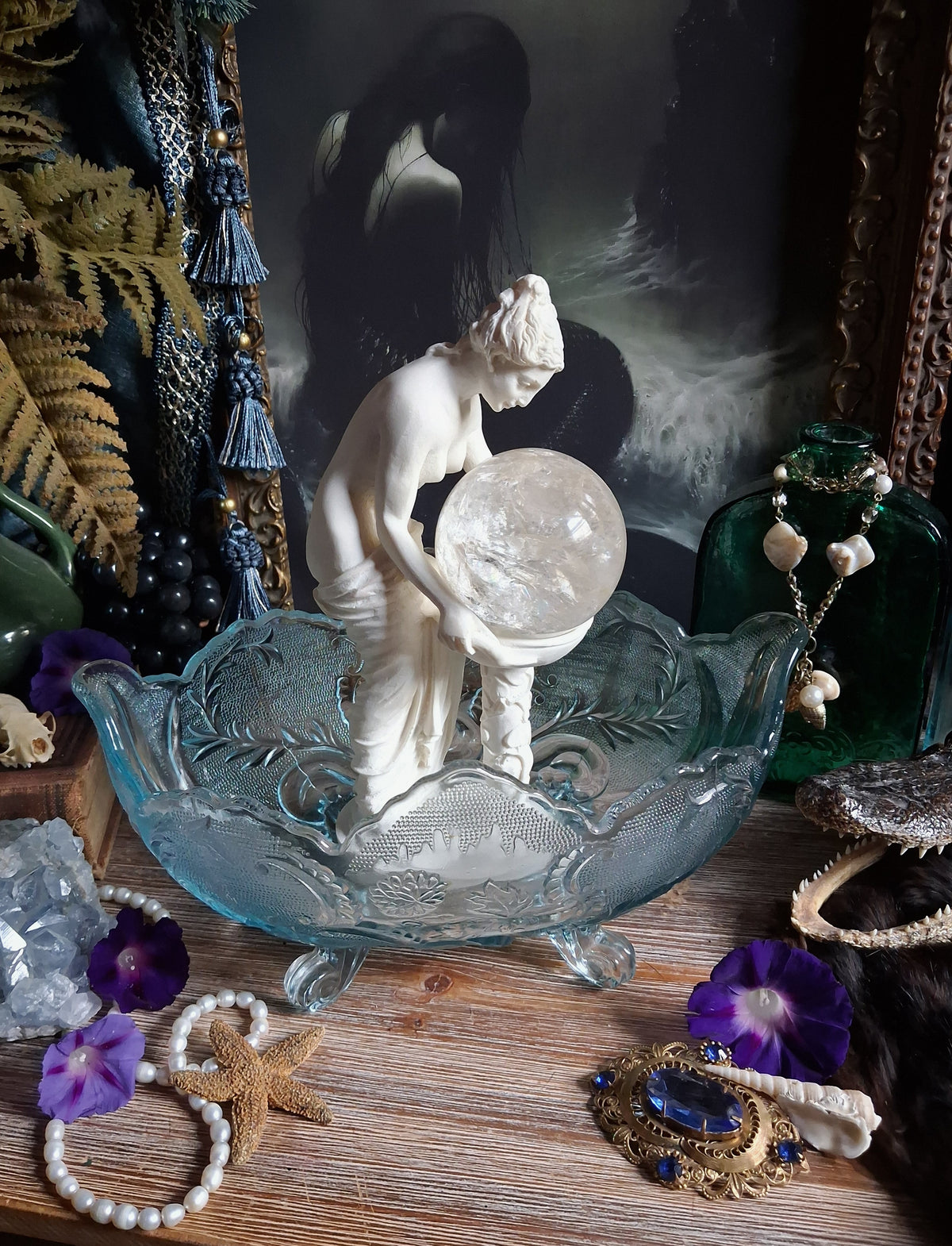 Vintage Art Nouveau Blue Glass Footed Boat Vase