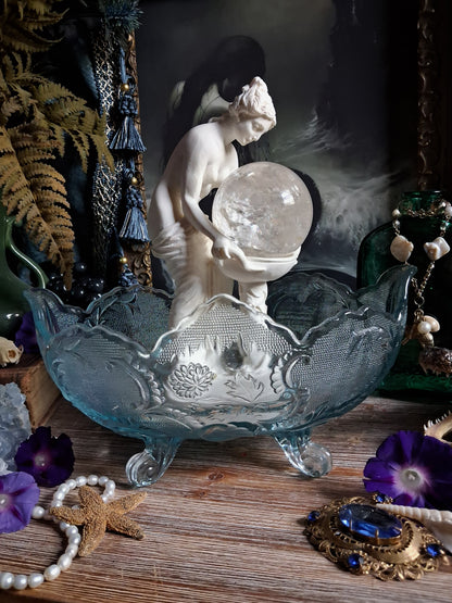 Vintage Art Nouveau Blue Glass Footed Boat Vase