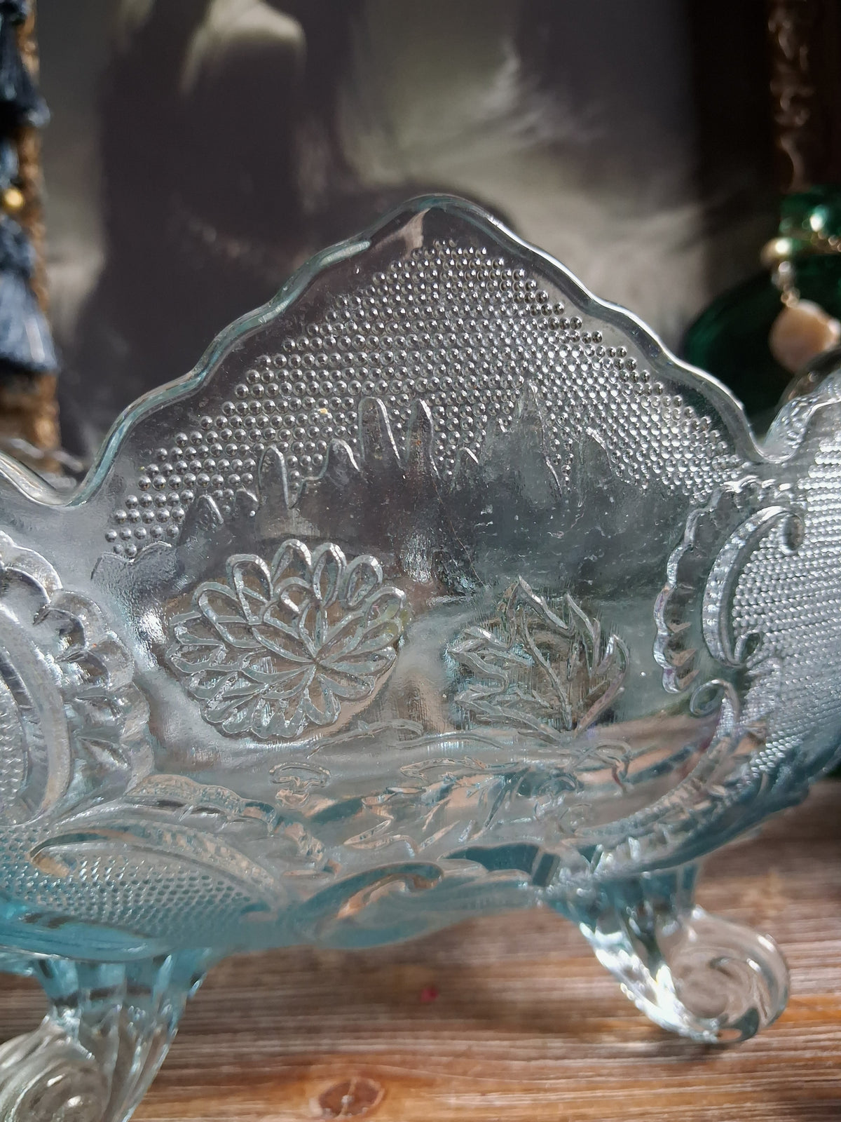 Vintage Art Nouveau Blue Glass Footed Boat Vase