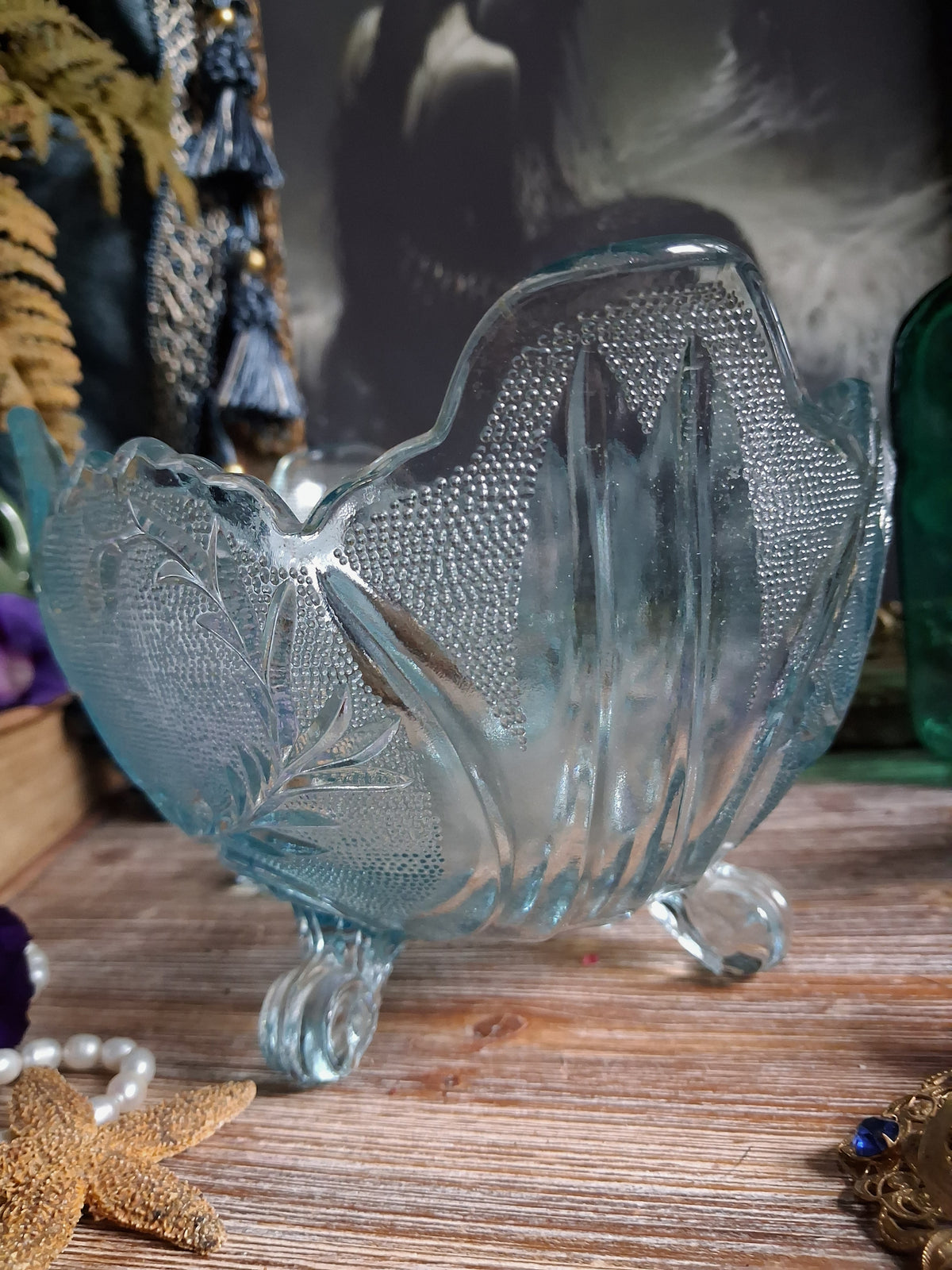 Vintage Art Nouveau Blue Glass Footed Boat Vase