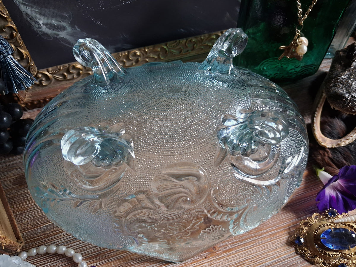Vintage Art Nouveau Blue Glass Footed Boat Vase