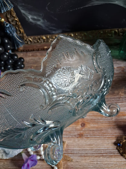 Vintage Art Nouveau Blue Glass Footed Boat Vase