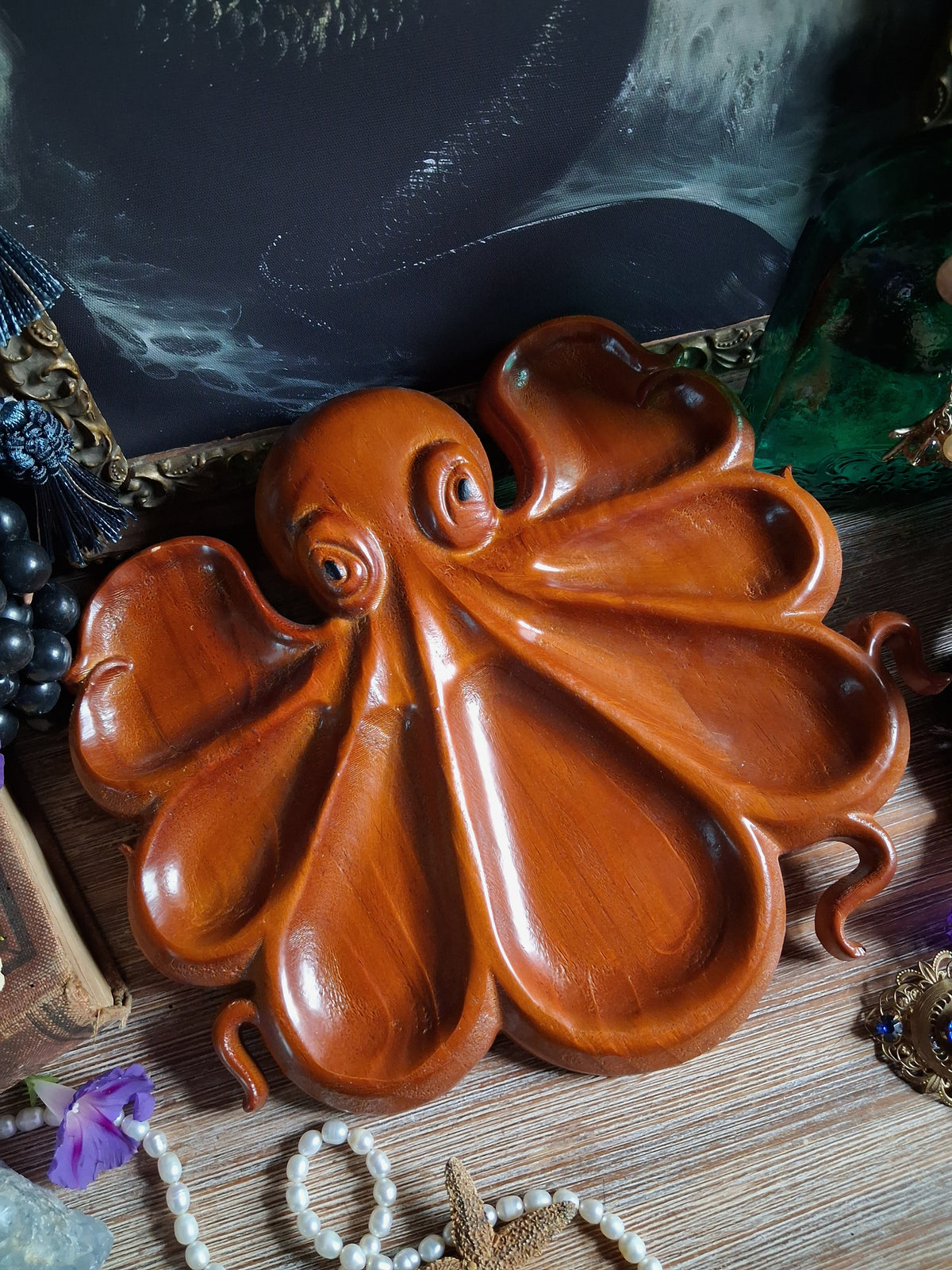 Vintage Carved Wood Octopus Offering Tray