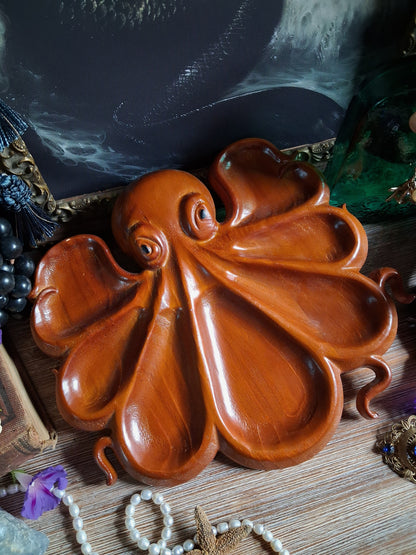 Vintage Carved Wood Octopus Offering Tray