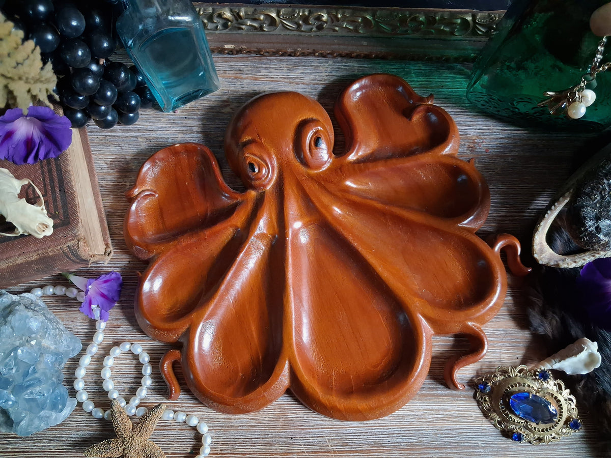 Vintage Carved Wood Octopus Offering Tray