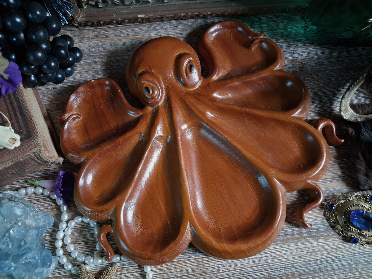 Vintage Carved Wood Octopus Offering Tray