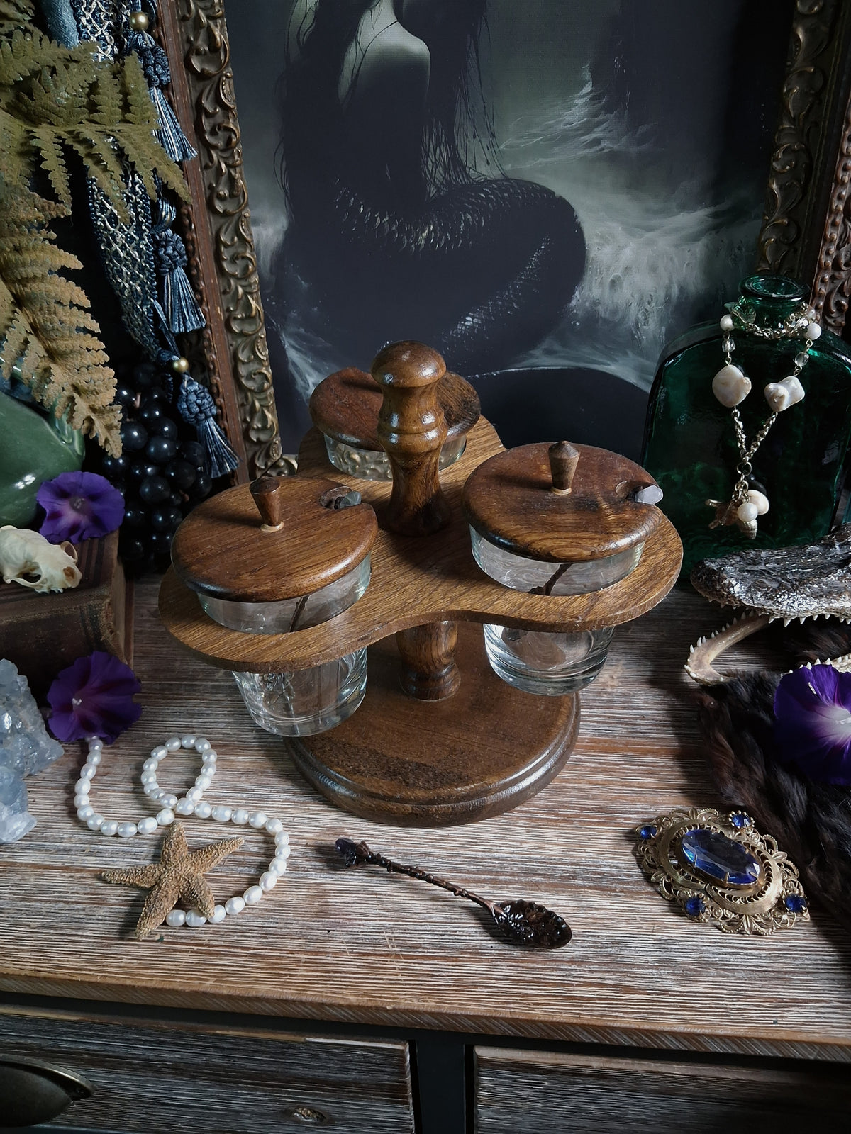 Vintage Wood Apothecary Jar Caddy