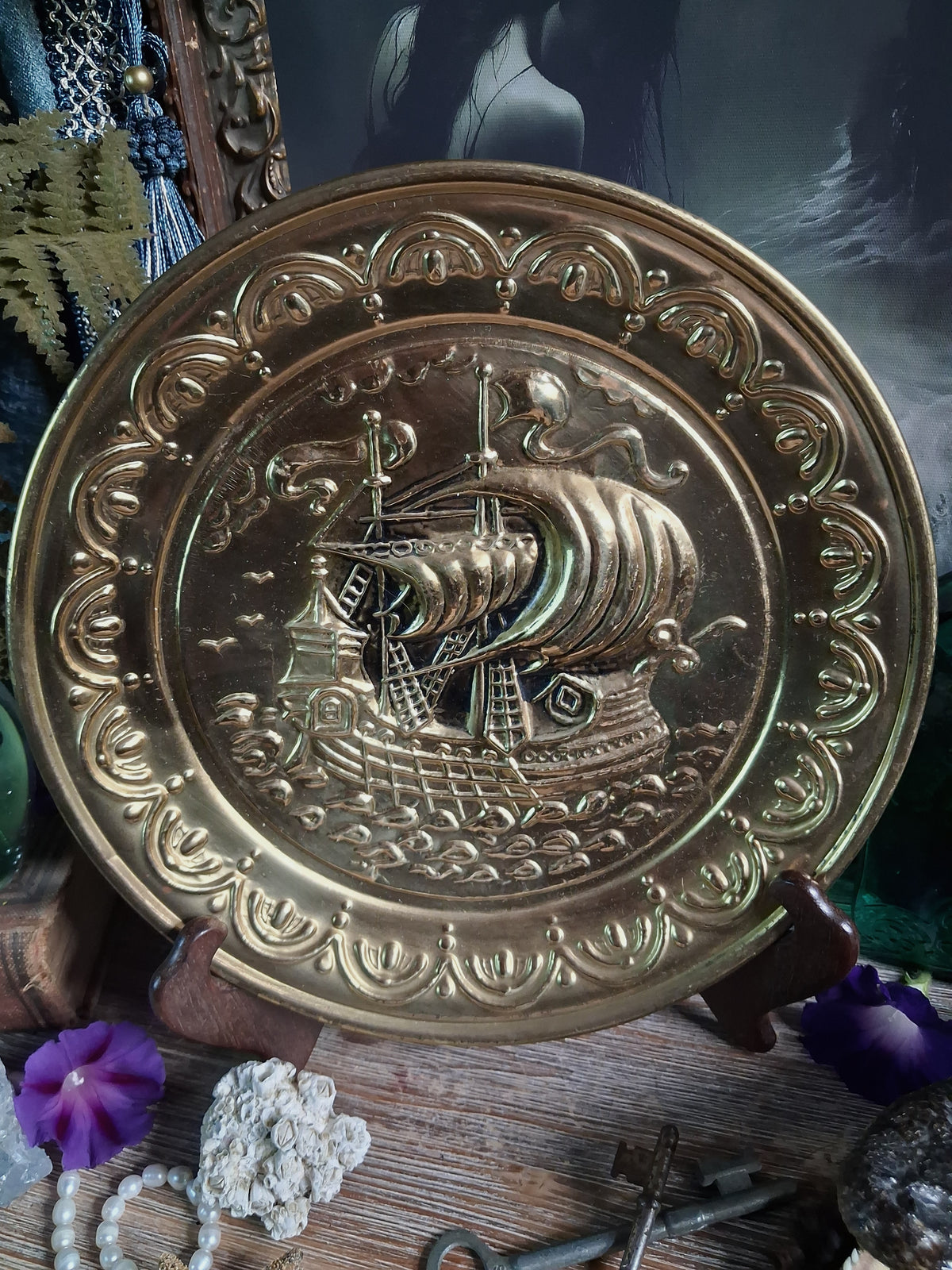 Vintage Brass Sailing Ship Wall Plaque