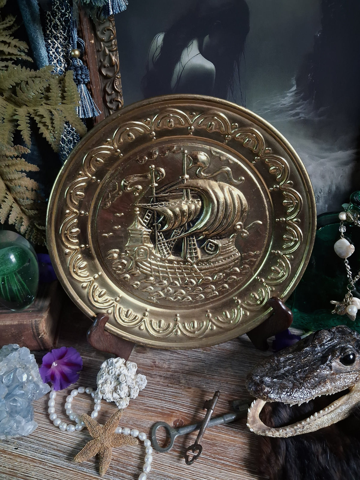 Vintage Brass Sailing Ship Wall Plaque