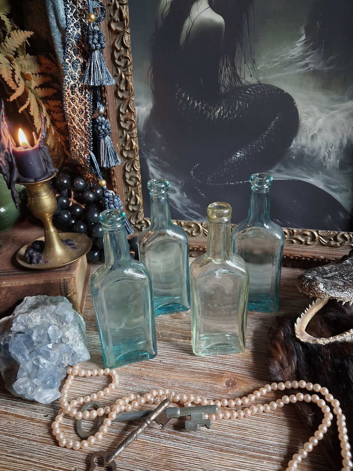 Antique Aqua Glass Castoria Medicine Bottles — Set of 4