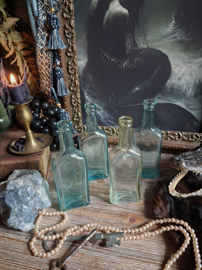 Antique Aqua Glass Castoria Medicine Bottles — Set of 4