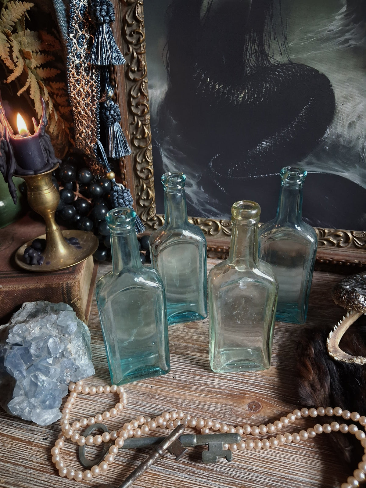 Antique Aqua Glass Castoria Medicine Bottles — Set of 4