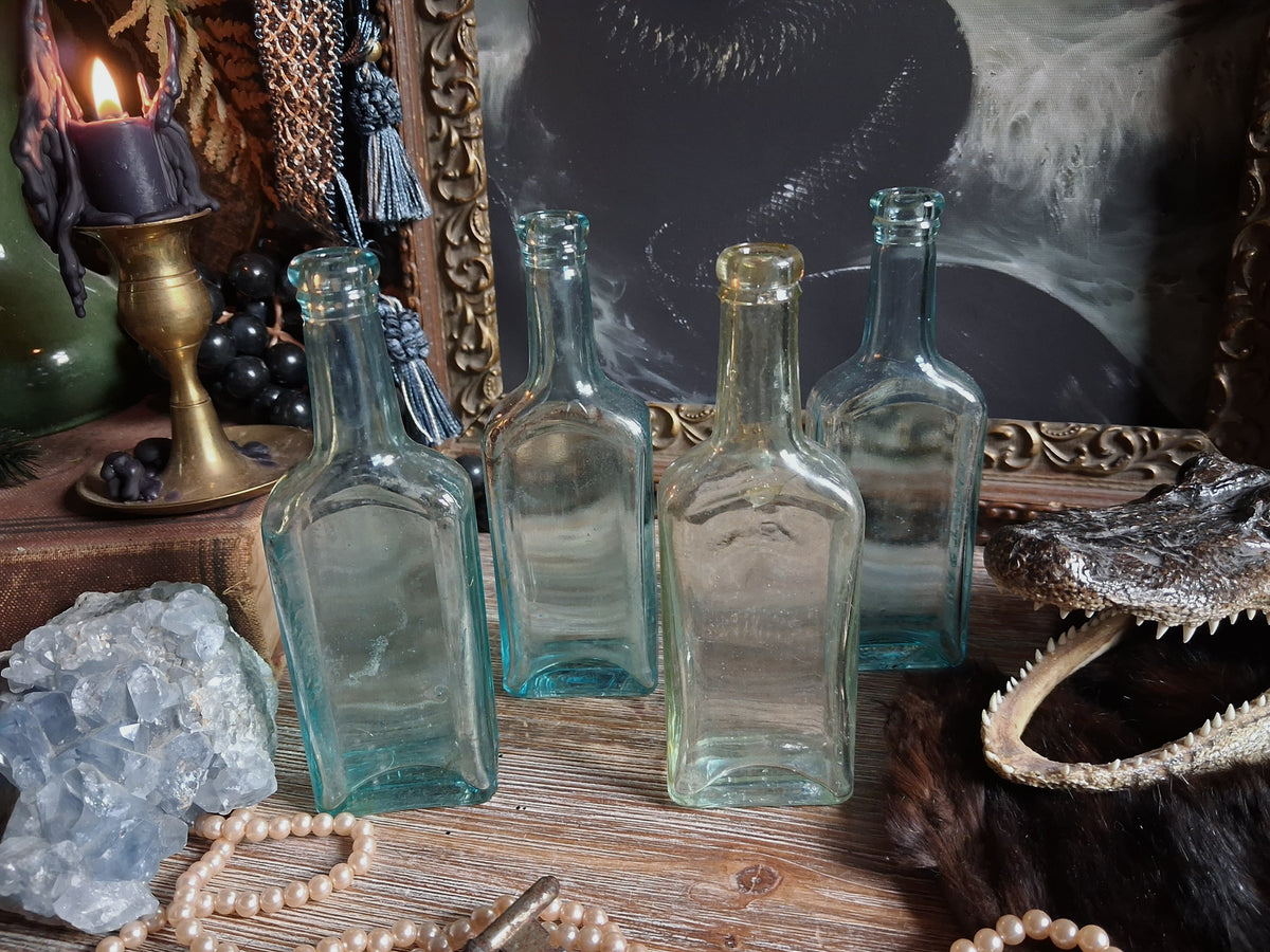 Antique Aqua Glass Castoria Medicine Bottles — Set of 4