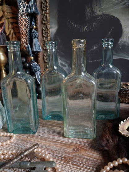 Antique Aqua Glass Castoria Medicine Bottles — Set of 4