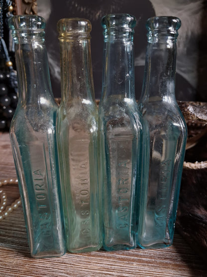 Antique Aqua Glass Castoria Medicine Bottles — Set of 4