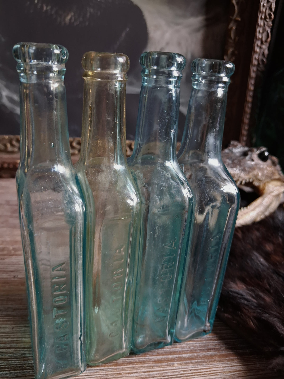 Antique Aqua Glass Castoria Medicine Bottles — Set of 4