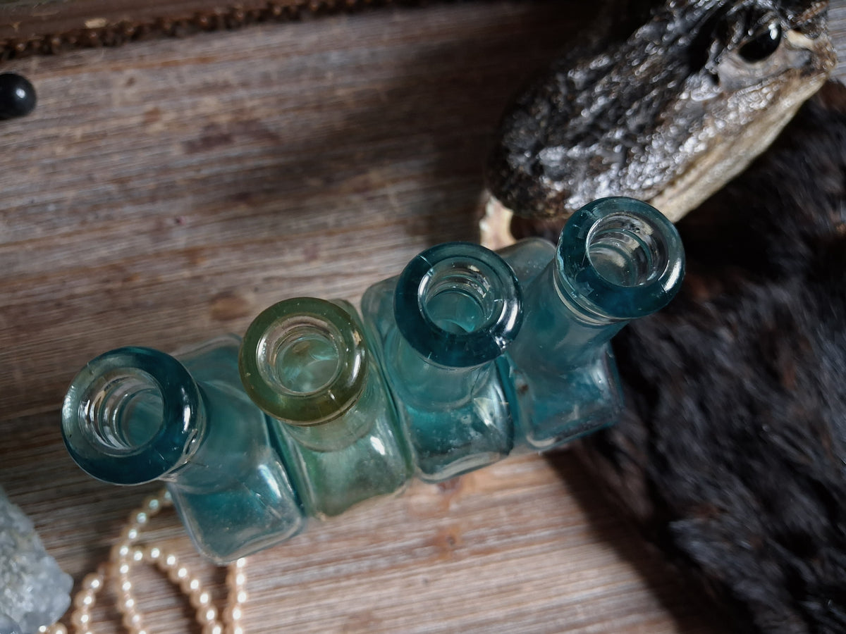 Antique Aqua Glass Castoria Medicine Bottles — Set of 4