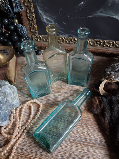 Antique Aqua Glass Castoria Medicine Bottles — Set of 4