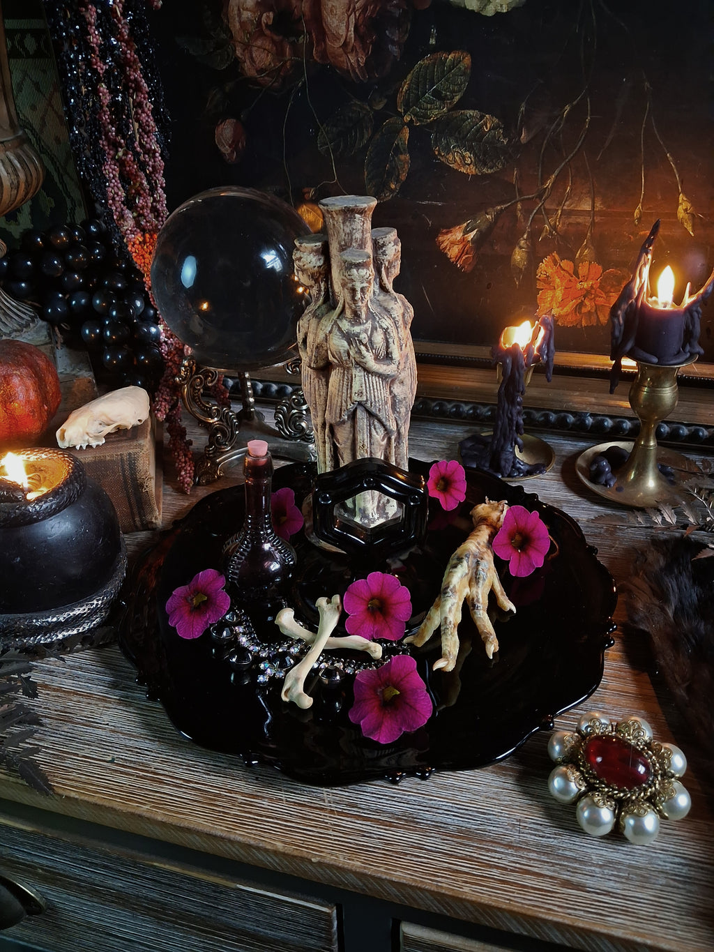 Vintage Black Glass Altar & Offering Tray