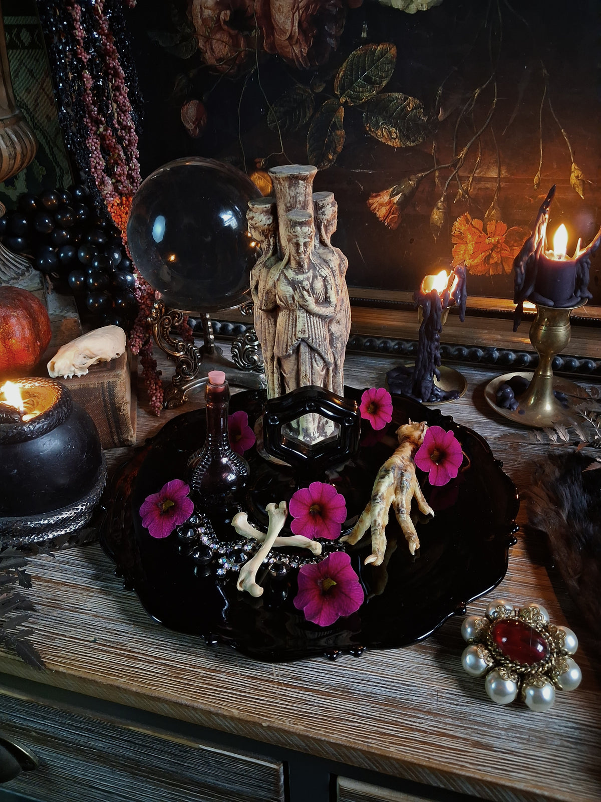 Vintage Black Glass Altar & Offering Tray