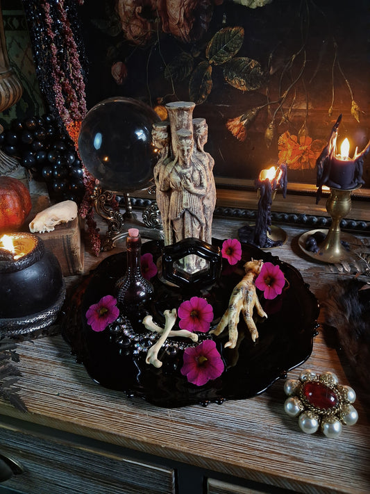 Vintage Black Glass Altar & Offering Tray