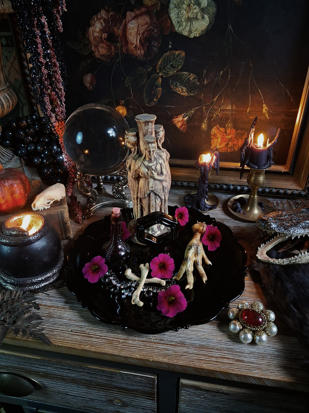 Vintage Black Glass Altar & Offering Tray